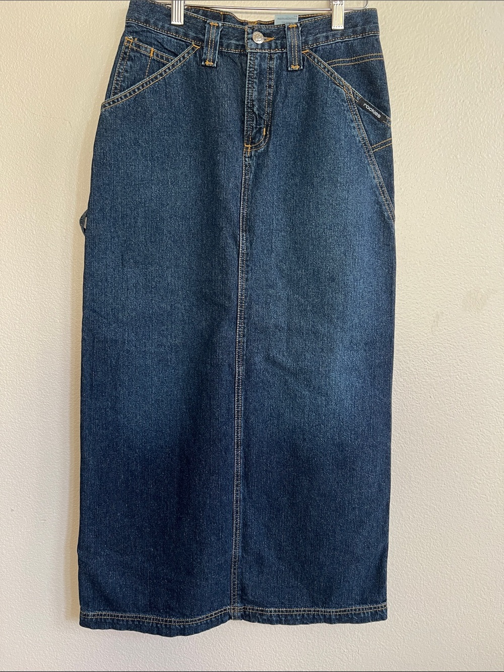 ROCKIES Vintage Western-Style Denim Carpenter Maxi Skirt Zip Fly Dark Wash JR 3